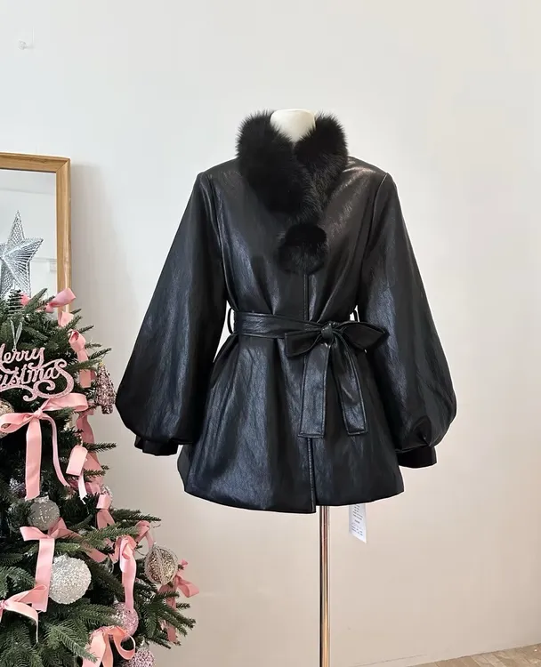 黑色羽绒内胆皮衣羽绒服女冬季毛领外套暖高级感【送毛领】