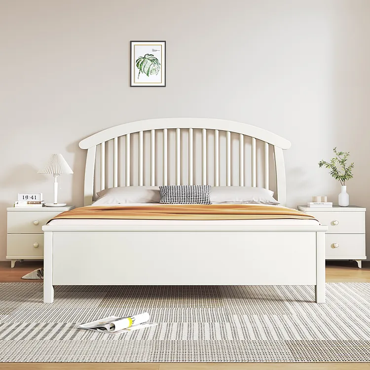 北欧现代简约实木床奶油风家用双人床白色主卧室大床