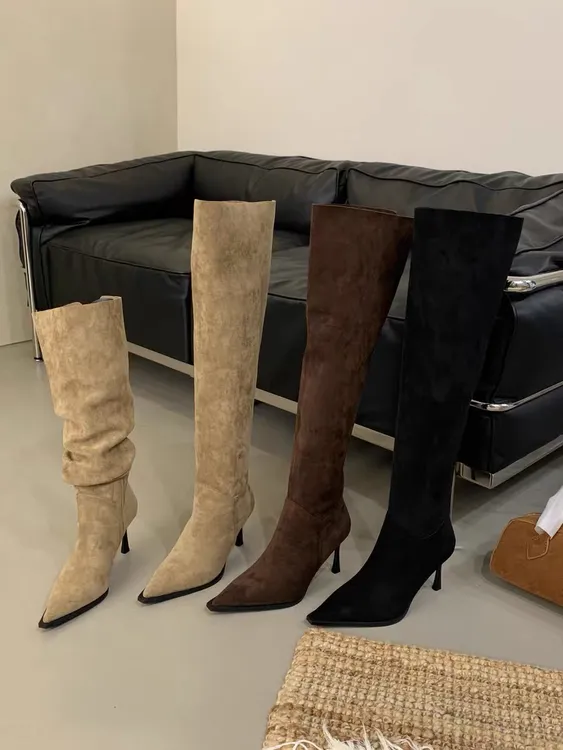 韩版尖头绒面折叠细跟过膝长靴女2025年秋冬新款百搭侧拉链时装靴