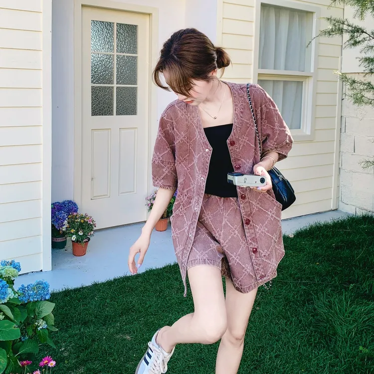 粉色盐甜系牛仔短袖外套套装女2025夏季新款显瘦气质短裤两件套