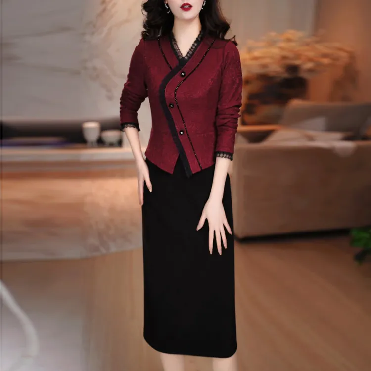 高贵优雅假俩件加厚保暖连衣裙女2025秋季新款收腰修身中长款裙子