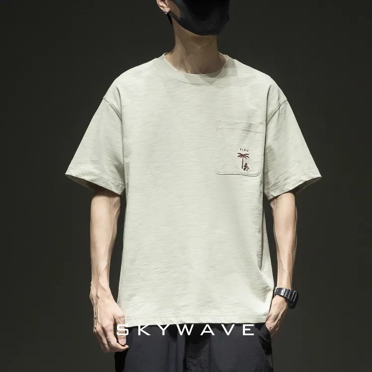 竹节棉圆领t恤男夏季新款日系刺绣口袋半袖潮流百搭宽松休闲短袖