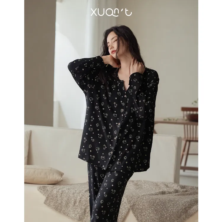 轩之婷睡衣女春秋款长袖甜美时尚休闲印花小猫长裤家居服套装秋季