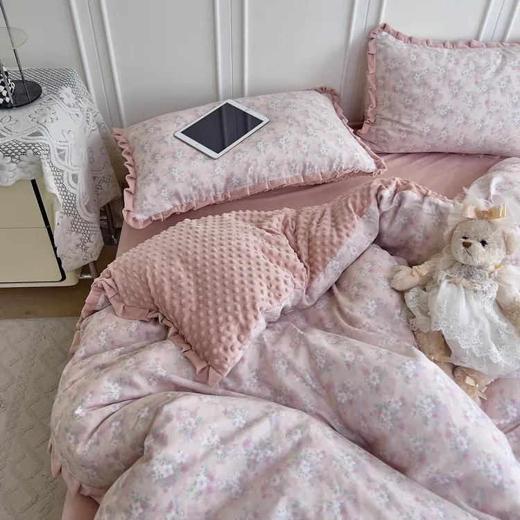 全棉双层纱豆豆绒四件套A类棉加绒花边款被套床单三件套床上用品
