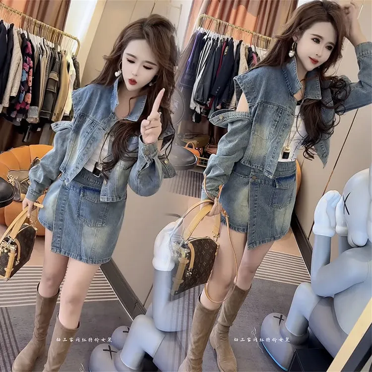 牛仔半身裙套装女2025春秋牛仔外套潮流短款复古港风工装两件套女