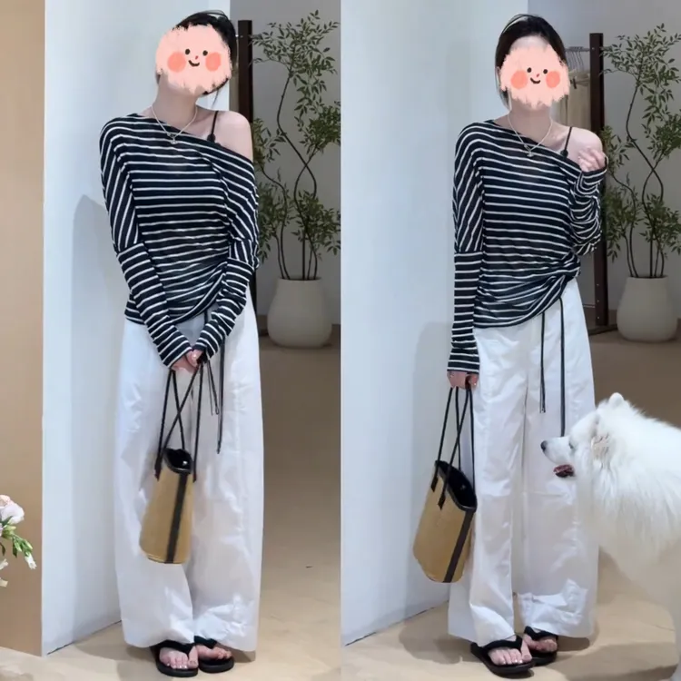 夏季新款韩系百搭显瘦条纹防晒长袖上衣套装宽松阔腿裤洋气衣服女