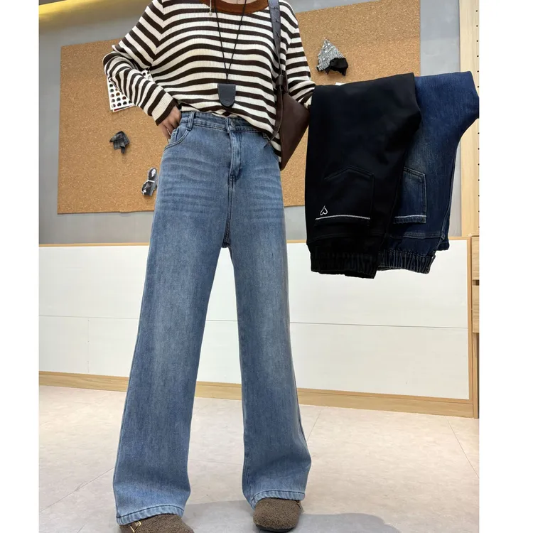 2025冬季新款大码女裤心心刺绣复合咪咪绒男友裤小个子胖MM60072