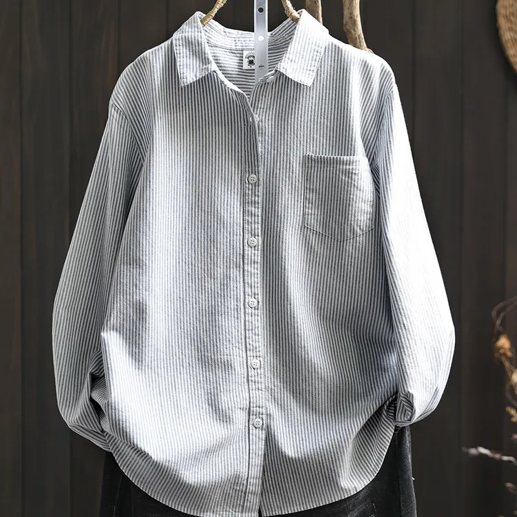 纯棉灰色条纹衬衫女长袖小个子春季新款宽松休闲内搭叠穿打底衬衣