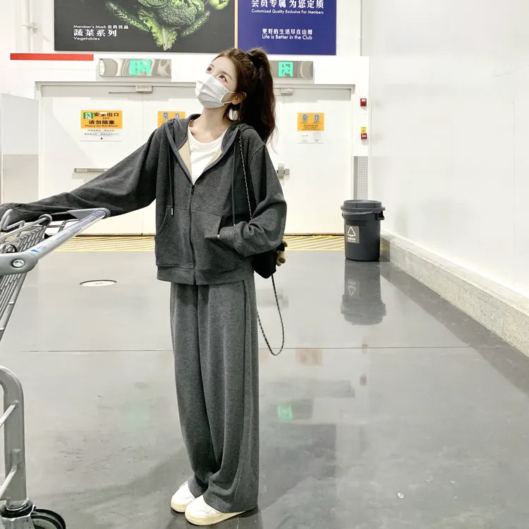 慵懒风松弛感深灰色开衫卫衣套装女2025早春秋新款韩系穿搭两件套