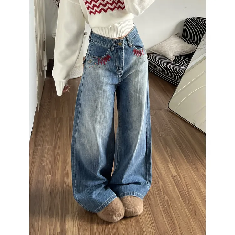 美式复古刺绣牛仔裤裤子款女款2025冬季新款水洗宽松阔腿裤直筒裤