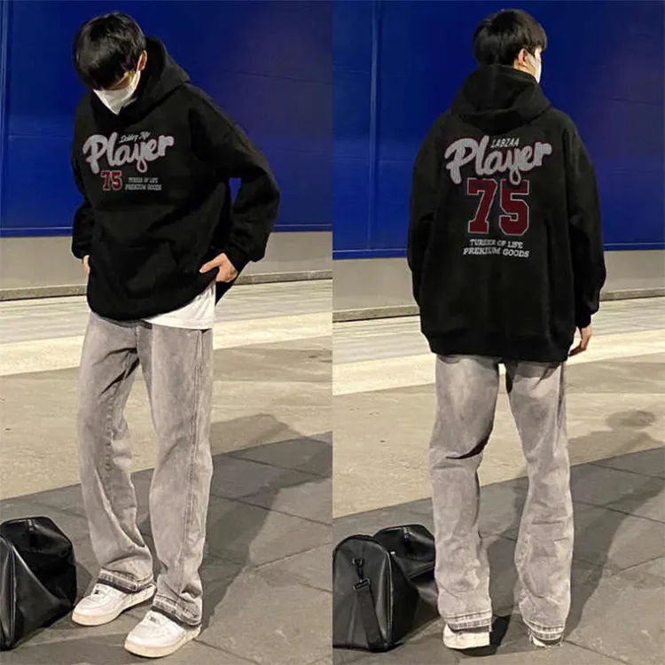 街头hiphop连帽卫衣男女秋冬季ins潮牌字母印花加绒加厚外套上衣