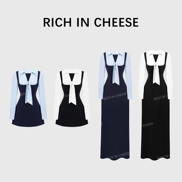RICHINCHEESE 日漫少女 韩系假两件撞色拼接蝴蝶结收腰短款连衣裙