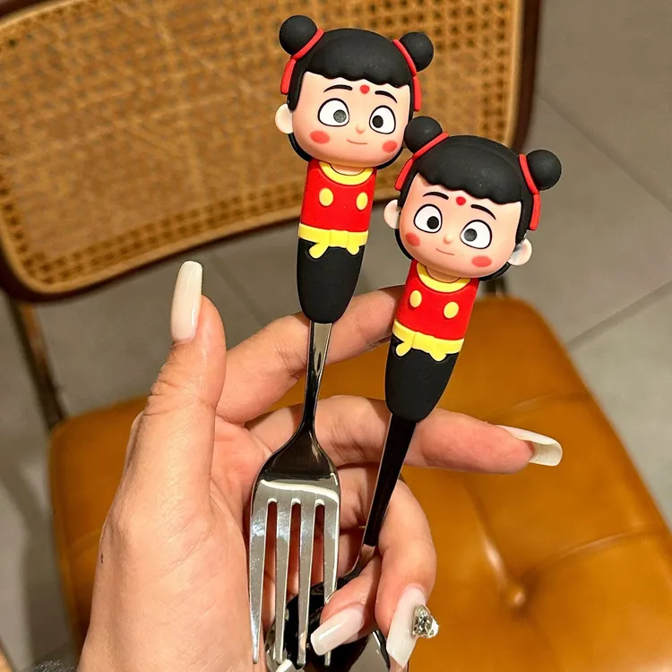 哪吒敖丙国风高颜值勺叉儿童学生便携餐具卡通不锈钢勺子调羹创意