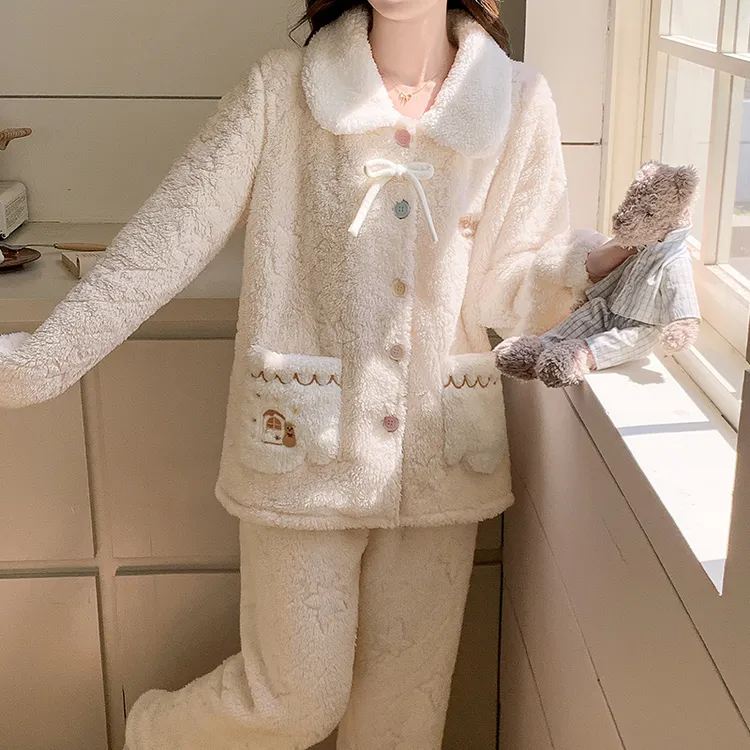 长袖珊瑚绒保暖加绒加厚睡衣女可外穿提花法兰绒家居服套装秋冬季