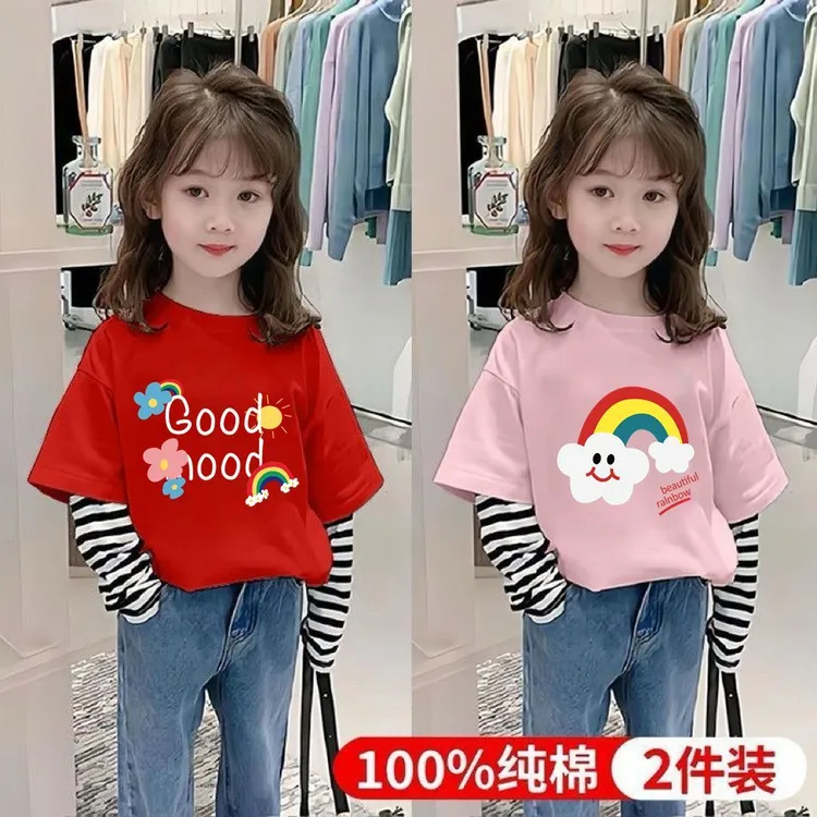 女童甜美春秋季新款纯棉长袖T恤儿童宝宝休闲洋气条纹假两件上衣8