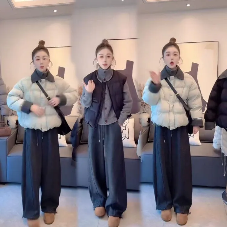 冬季时尚网红穿搭2025年新款翻领百搭棉服外套高腰阔腿裤休闲套装