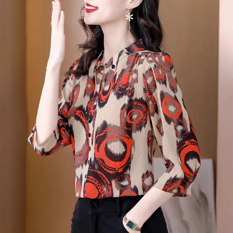 棉麻衬衫女士装夏季2025年新款早春秋妈妈时尚洋气上衣七分袖衬衣