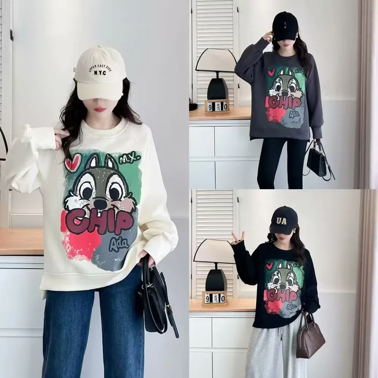 大码休闲卡通动漫套头秋冬加绒加厚印花卫衣女冬季时尚卫衣8990