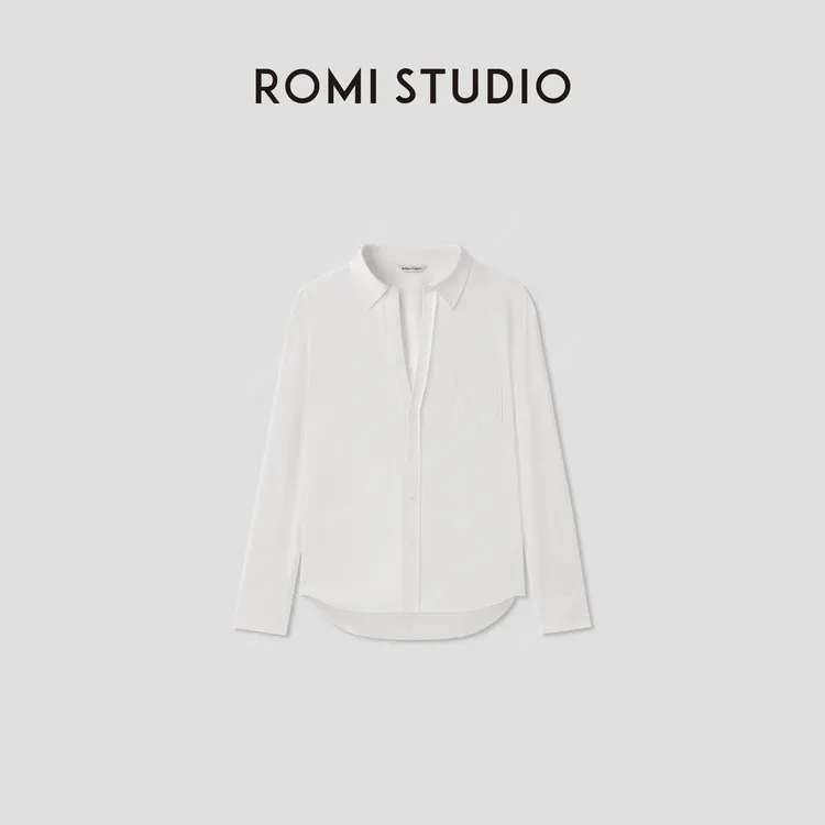 ROMI STUDIO 100%匹马棉轻柔舒适宽松V领白色针织衬衫 RWCSST3285