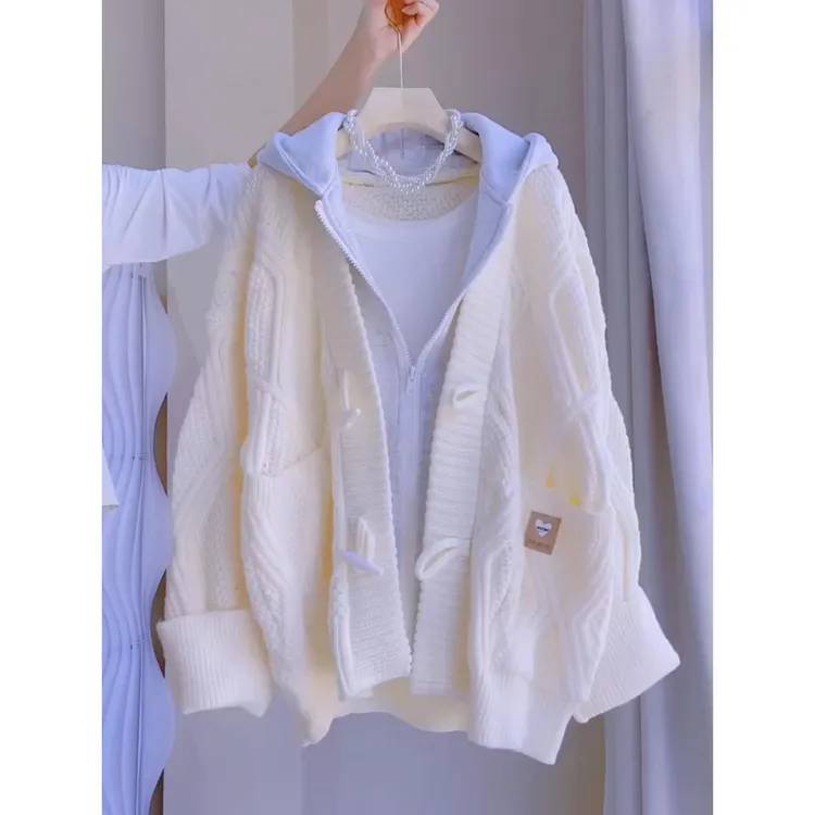 特大码200斤秋冬季慵懒风毛衣男女开衫外套连帽假两件针织衫上XD