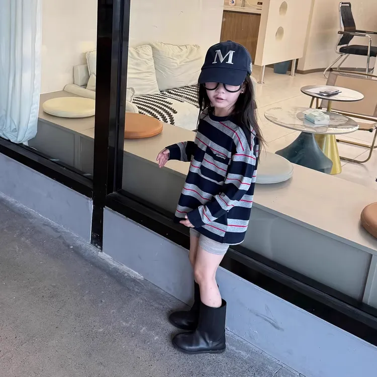 现货】壹妈韩版童装女童秋季新款套装儿童条纹休闲上衣灰色短裤