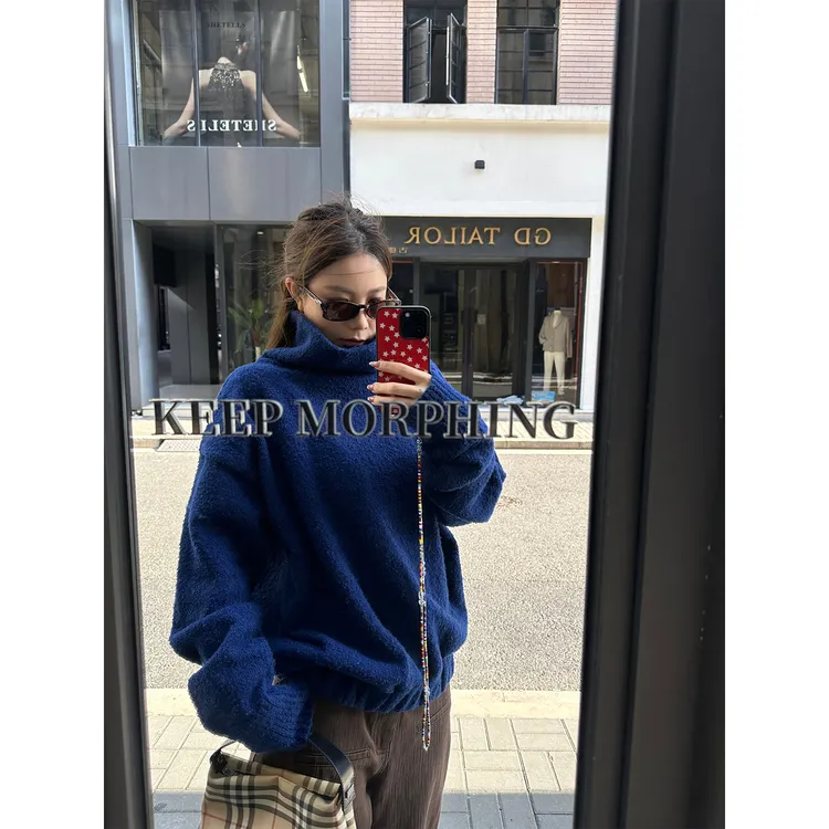  DYANGJUN 【马里布蓝】 冬季含羊毛高领高克重针织落肩蓝色毛衣