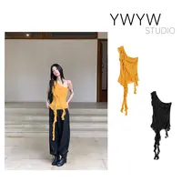 【福利款NO退换】显瘦斜肩不规则木耳边吊带垂感飘带一体T恤5132