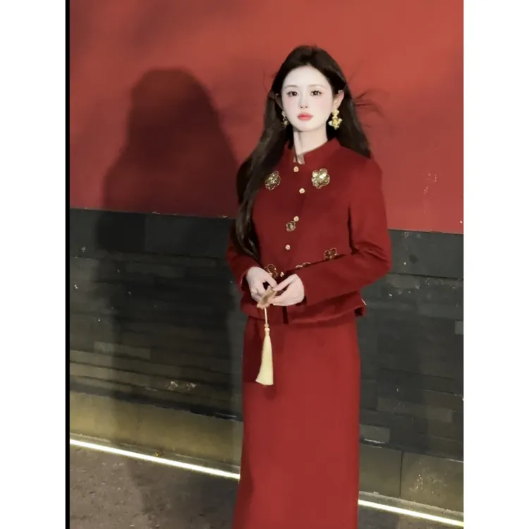 【鸿运当头】<77>新中式亮片珠绣毛呢外套+半身裙套装XMZH9893