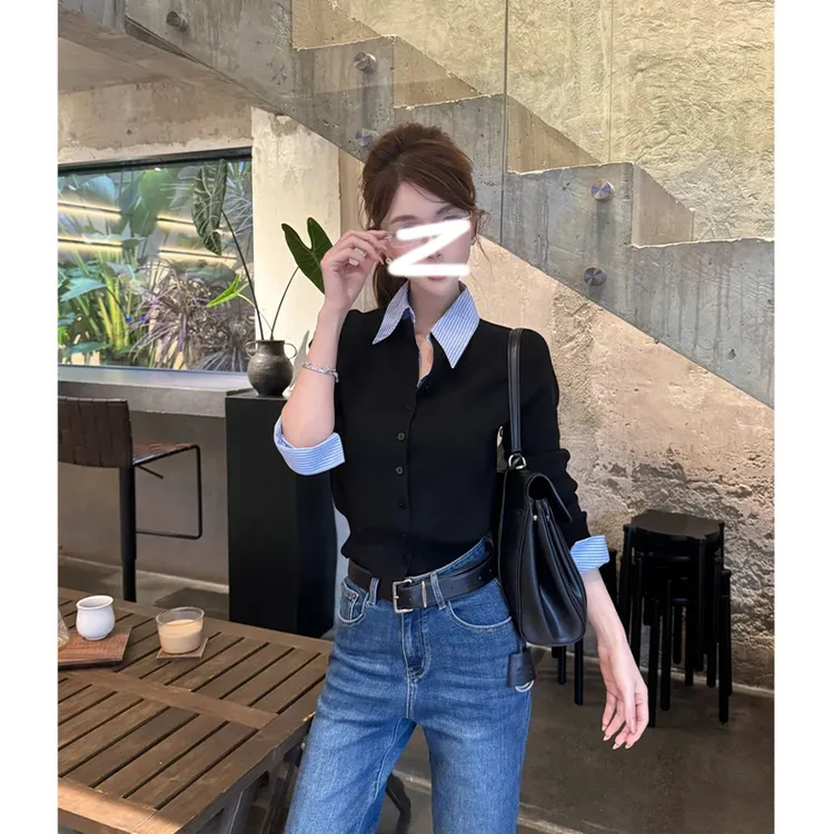 【矜蓝织构】条纹拼接POLO衬衫领修身显瘦假两件打底开衫上衣