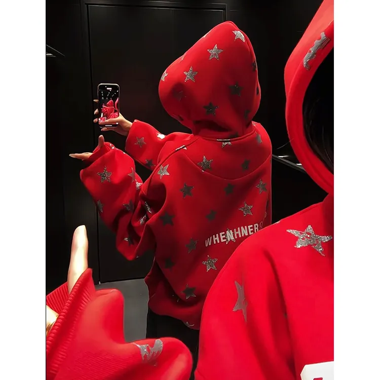 【珂塔芙】潮牌星星卡通红色连帽卫衣女宽松慵懒风加绒加厚休闲外套
