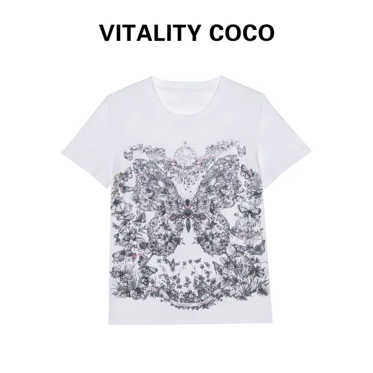 VITALITY COCO·D系列新款 大蝴蝶小蜜蜂印花圆领棉质混纺T恤-867