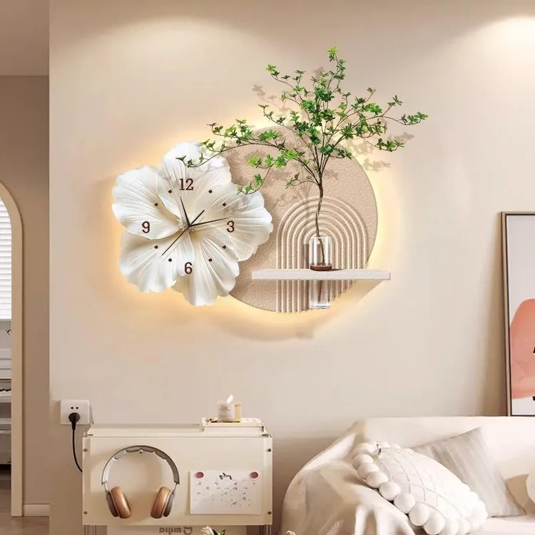 水培绿植餐厅装饰画奶油风立体DIY砂岩壁灯画客厅背景墙钟表挂画