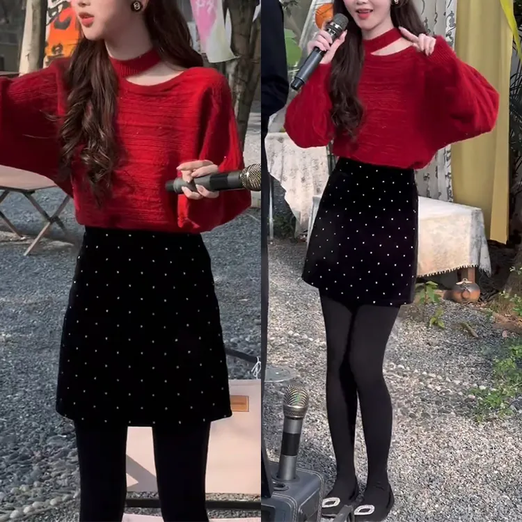 秋冬穿搭一整套2025年新款韩系简约针织上衣波点短裙两件套装