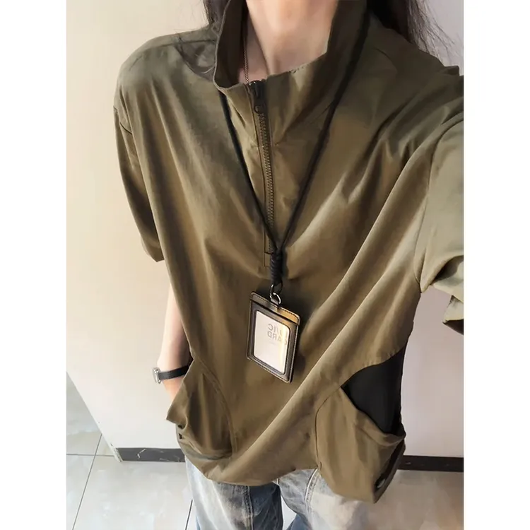 半拉链美式短袖男款夏季薄款透气户外休闲运动T恤立领半袖POLO衫