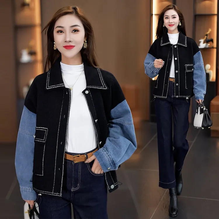 设计感毛呢拼接牛仔短外套女2025秋季新款宽松显瘦百搭短款夹克潮