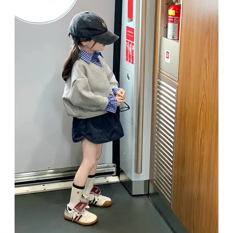女童套装韩系童装2025秋冬新款时尚假两件格子拼接休闲卫衣半身裙