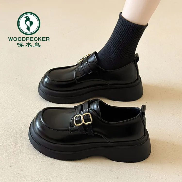 啄木鸟厚底加绒小皮鞋女英伦风2025秋冬季新款乐福鞋复古增高单鞋