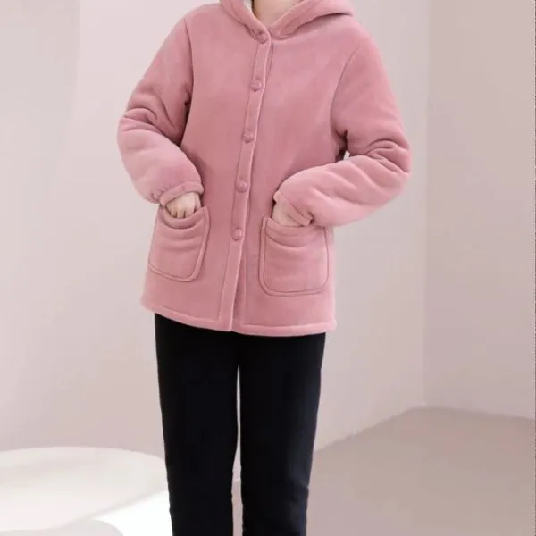 （娟直播）连帽纽扣海豚绒秋冬保暖可外穿家居服套装