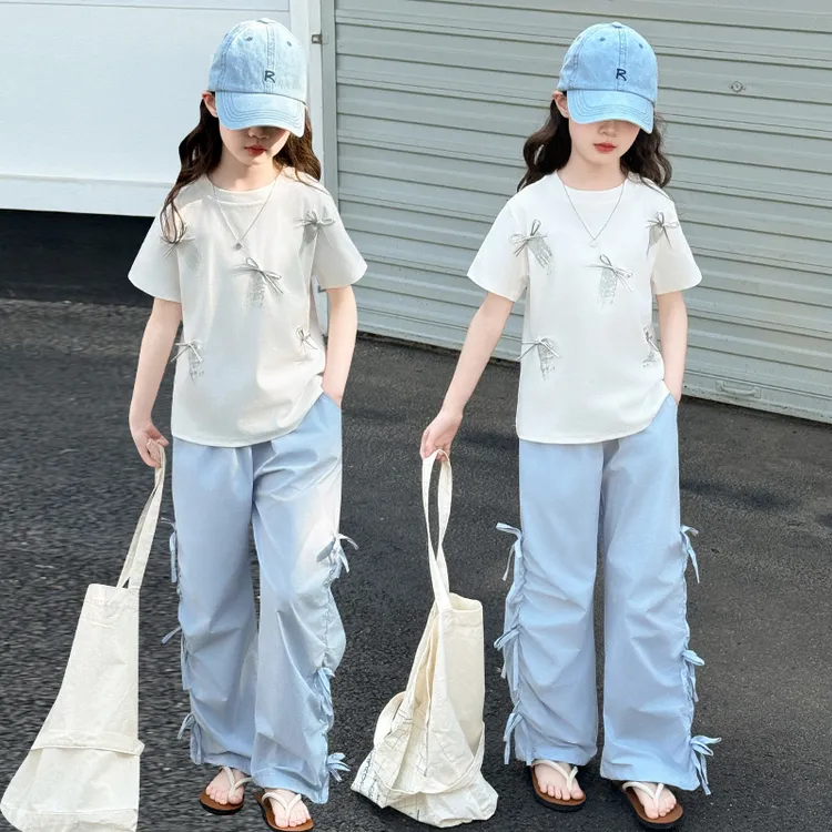 女童夏季蝴蝶结短袖套装2025新款中大童洋气潮酷速干工装裤两件套