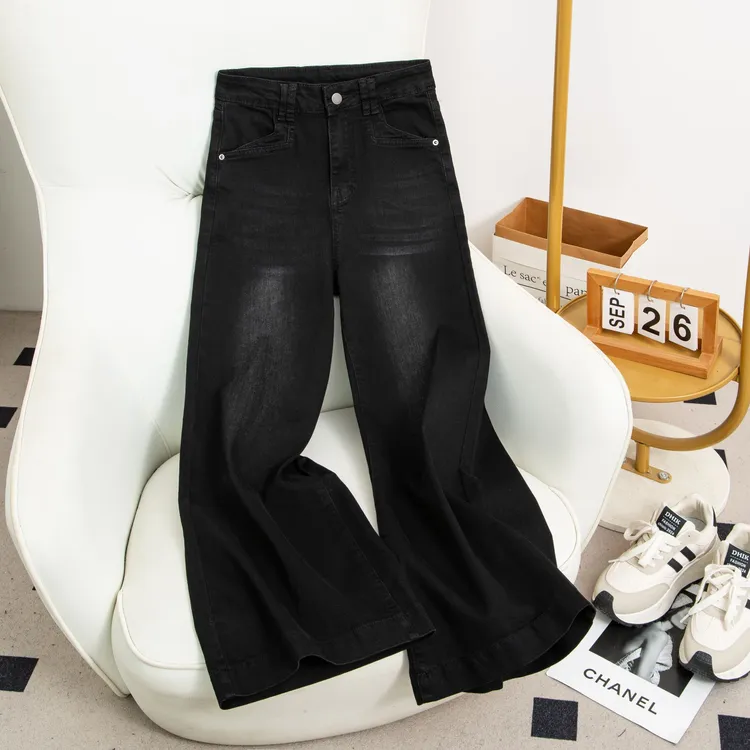 冬季加绒弹力高腰阔腿牛仔裤女秋季韩版显瘦时尚牛仔裤筒喇裤百搭