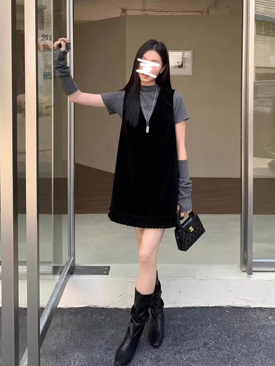 韩系时尚套装波点半高领短袖打底衫上衣女装秋季背心连衣裙两件套