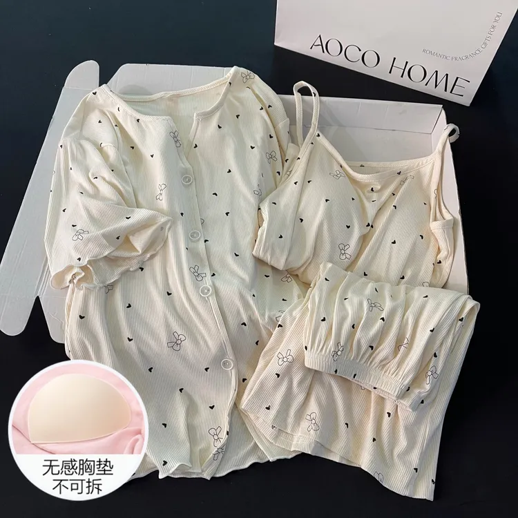 可外穿吊带睡衣女夏季带胸垫薄款三件套装凉感大码领结桃心家居服