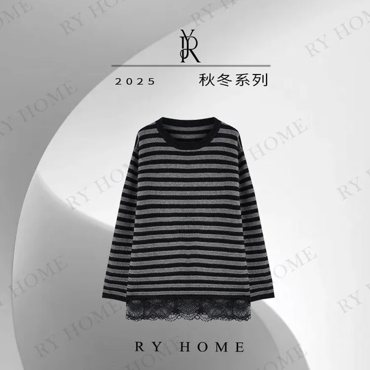 【容雨RYHOME】羊毛混纺复古条纹蕾丝花边羊毛衫253M3290