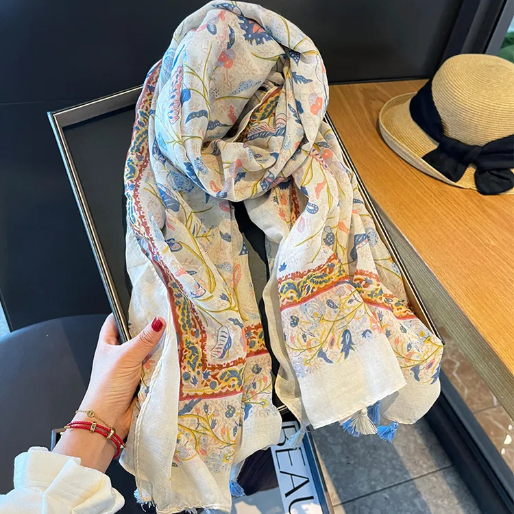 Miss Silas文艺百搭素雅花卉丝巾女民族风轻薄透气海边装饰丝巾薄