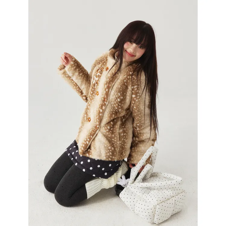 “斑比”| eeee设计感小鹿仿皮草排扣夹克毛绒绒鹿纹保暖