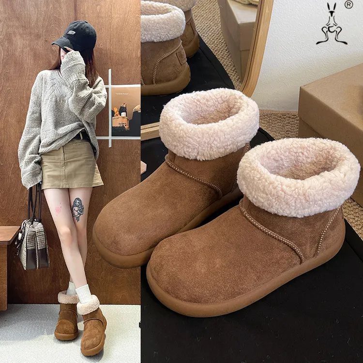 袋鼠卷毛土豆雪地靴2025新款加厚保暖女鞋短筒百搭复古厚底雪地棉