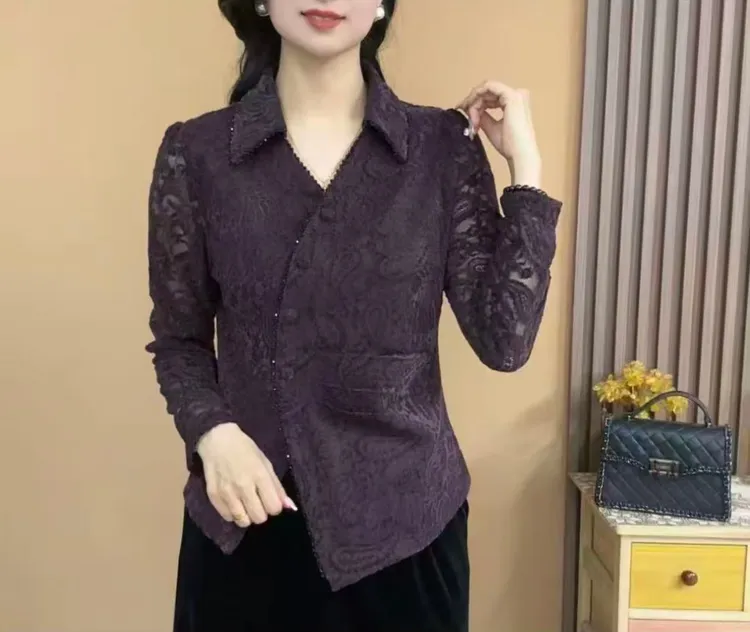 2025秋季长袖植绒蕾丝衬衫领开衫气质百搭显瘦女人味上衣913