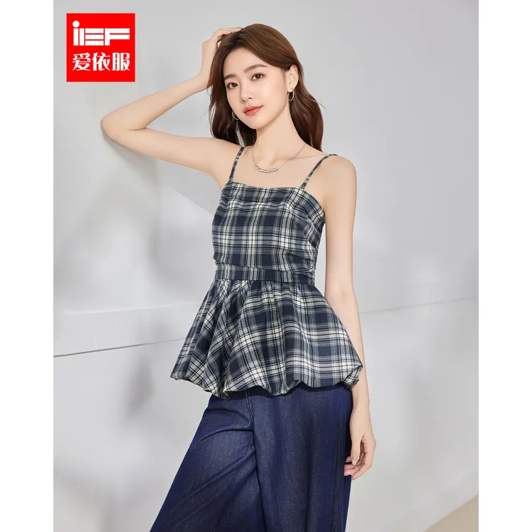 IEF/爱依服2025夏季新款韩版性感纯欲辣妹气质格子设计显瘦上衣