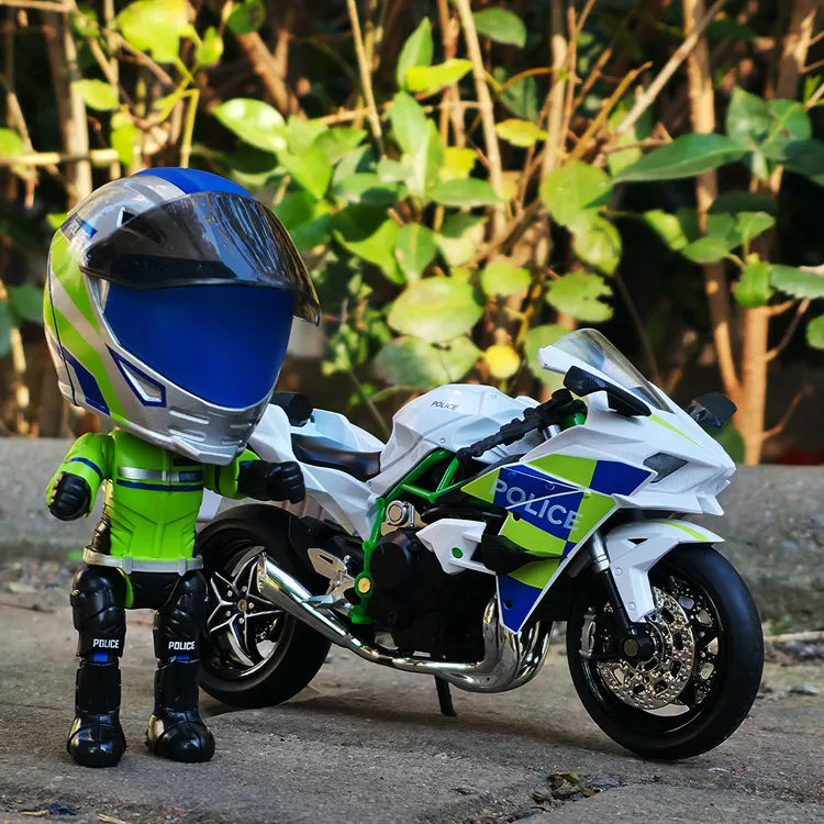合金摩托车模型警车版仿真巡逻车声光玩具警察人偶仿真头盔摆件