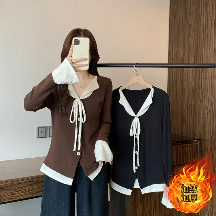 2025秋冬新款胖mm大码女时尚撞色假两件加绒保暖长袖上衣A2747